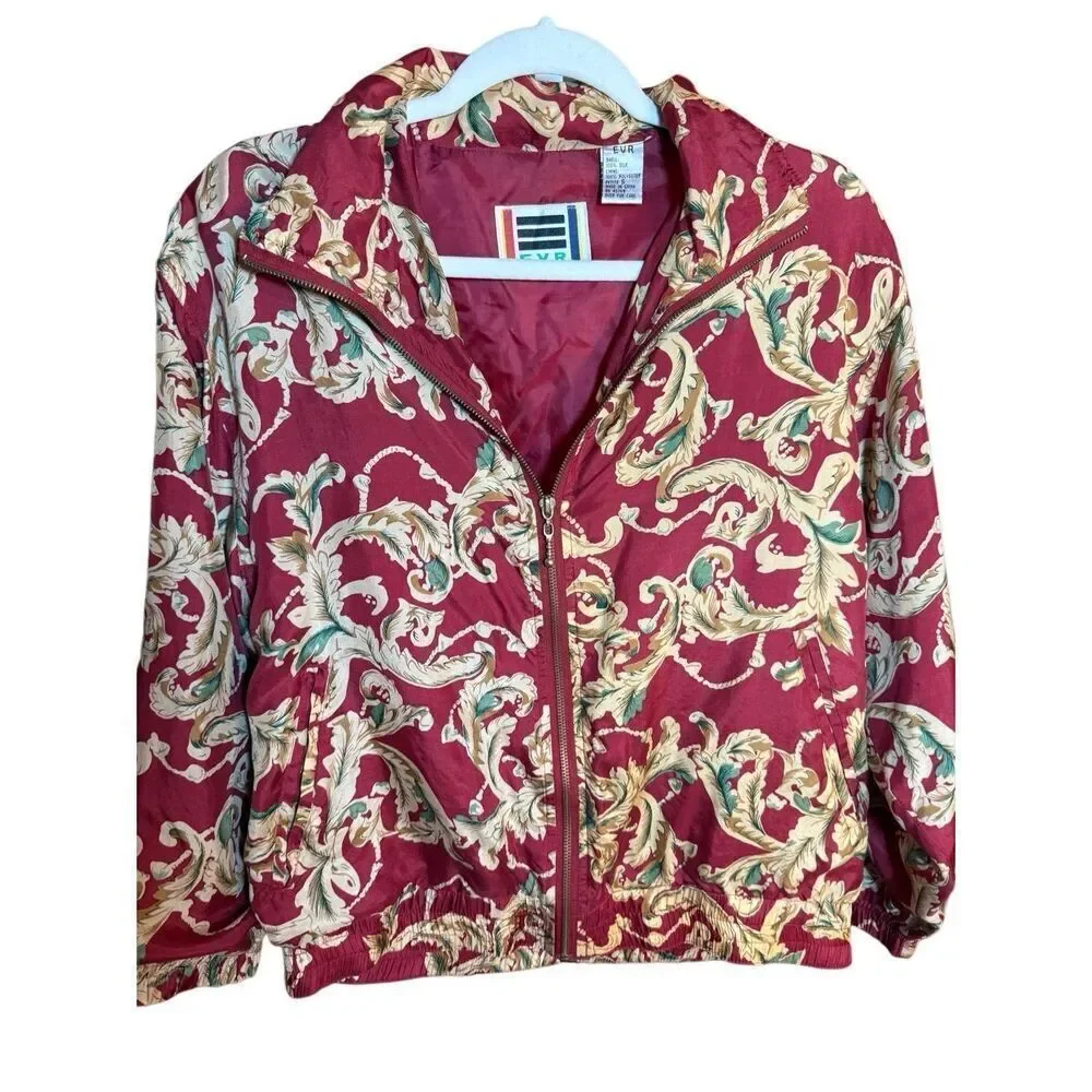 EVR DIV Rousso Apparel Vintage 100% Silk Women's Bomber Jacket Leaves Tan Red Sz